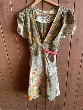 Yoana Baraschi Olive Green Floral Mini Dress with Pink Accent